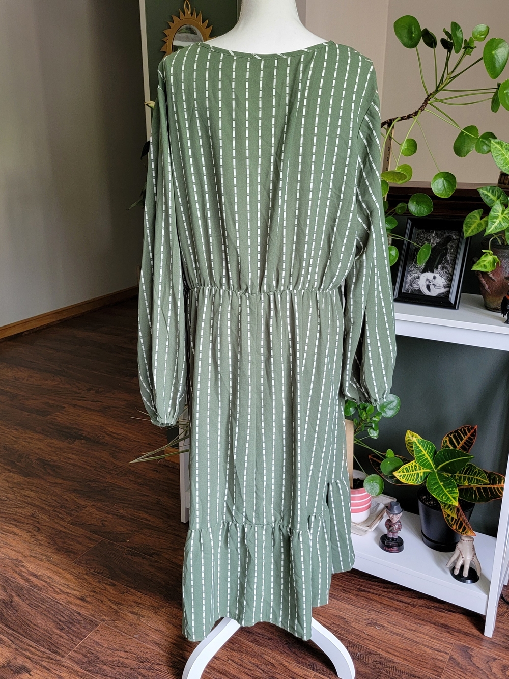 Women's Green Striped V-Neck Midi Dress - Picture 9 of 11